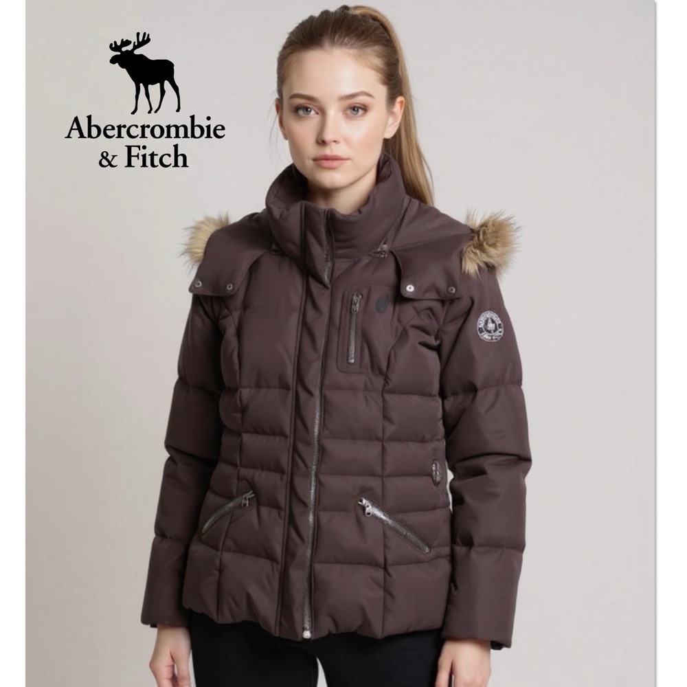 Abercrombie & Fitch Brown Down Puffer Faux Fur Hooded Jacket Coat Size Large
